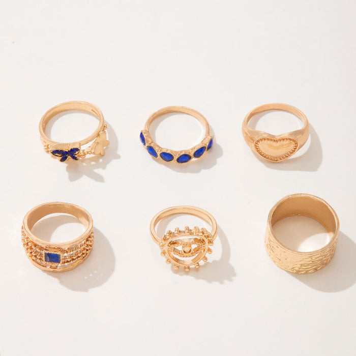 Gold and blue diamond butterfly sun eye six piece ring set