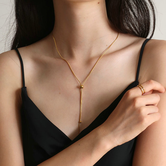 14K Gold-Plated Snake Bone Necklace with Beads - Women's Minimalist Fashion