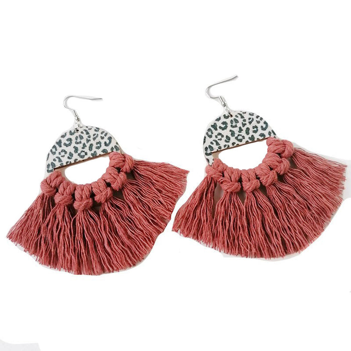 Bohemian Handwoven Tassel Fan-Shaped Earrings with Morandi Color and Leopard Print