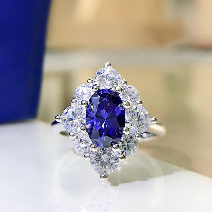 Light luxury royal blue zircon ring egg-shaped luxury encircled ladies ring