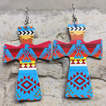 Cross Teardrop Leather Earrings with Western Flag Sunflower and Boot Design