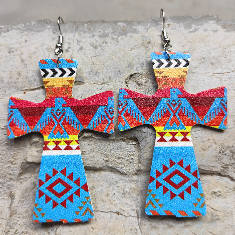 Cross Teardrop Leather Earrings with Western Flag Sunflower and Boot Design - wallojewerly 