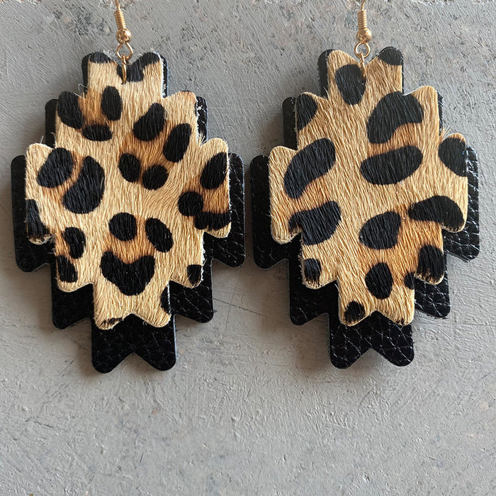 Western Cowboy Earrings with Double-Layer Aztec and Cowhide Design