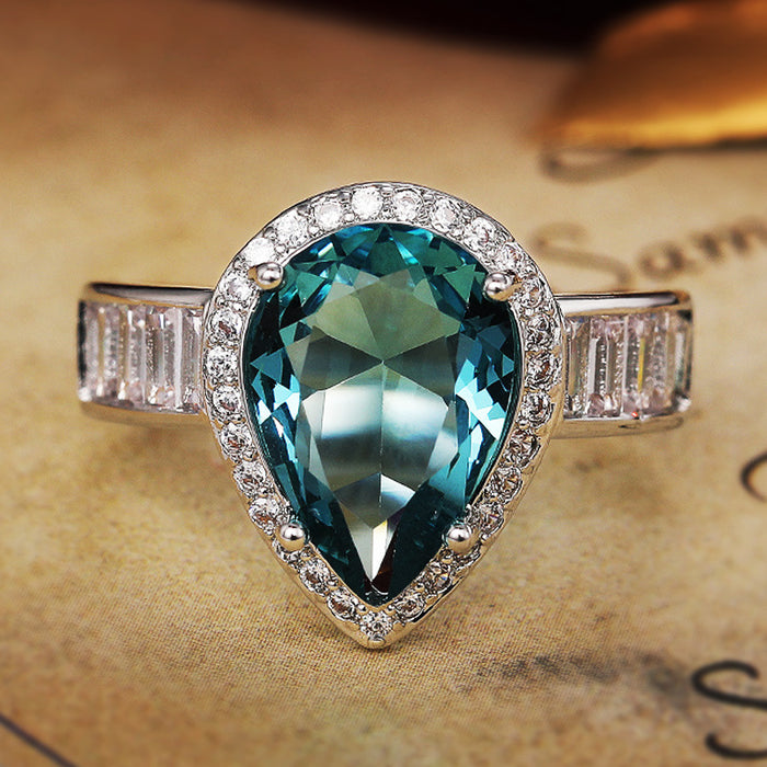 Sea blue teardrop engagement ring internet celebrity diamond female ring