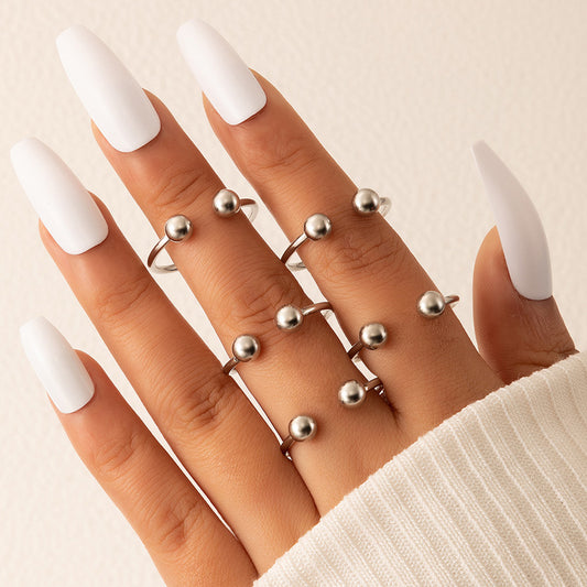 Beaded Open Geometric Adjustable Ring 5-Piece Set