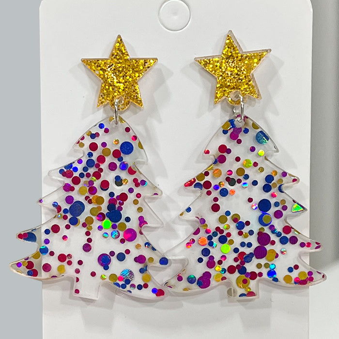 Christmas Glitter Sequin Earrings with Christmas Tree and Colorful Lights