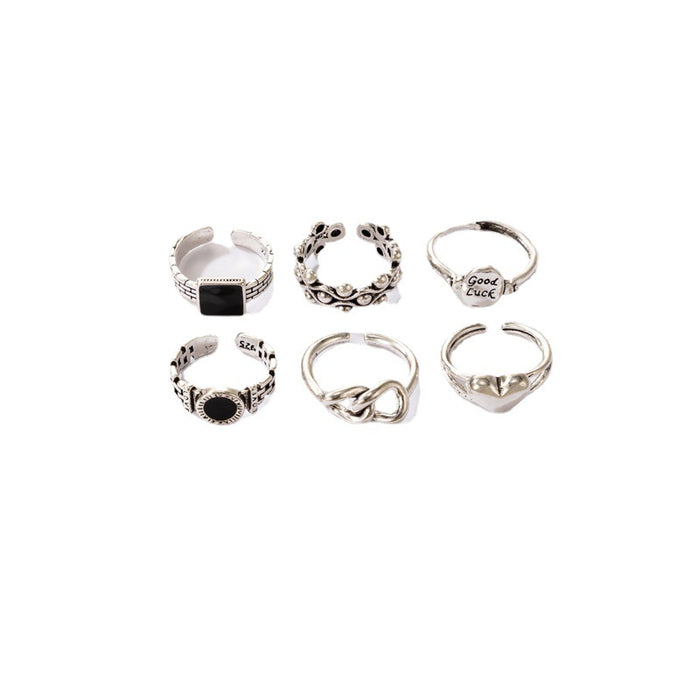 Black Geometric Mushroom Alphabet 6-Piece Ring Set