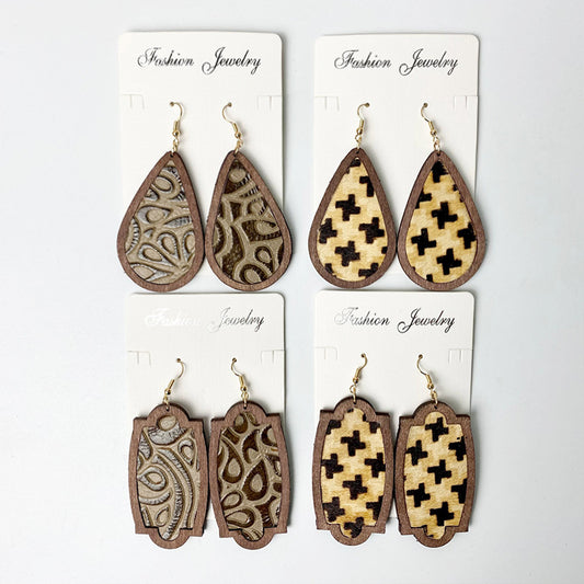 Vintage Floral Print Cowhide Earrings with Cross and Geometric Teardrop Wood Elements