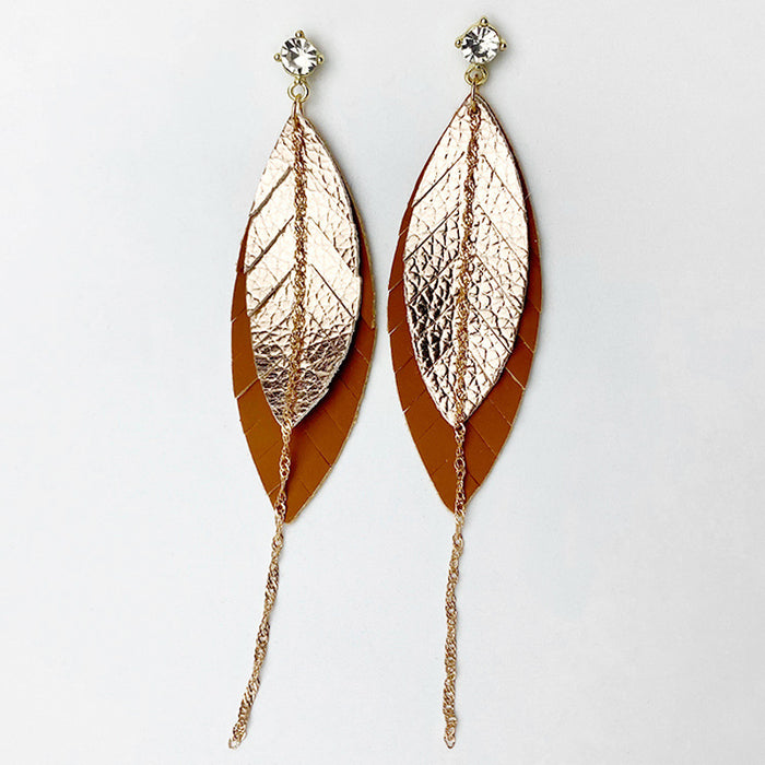 Multi-Layer Leather Earrings with Morandi Colors and Feather Chain Design