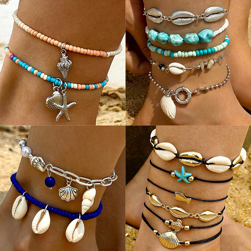 New Alloy Eye Shell Anklet Set - Trendy Three-Piece Ankle Bracelets