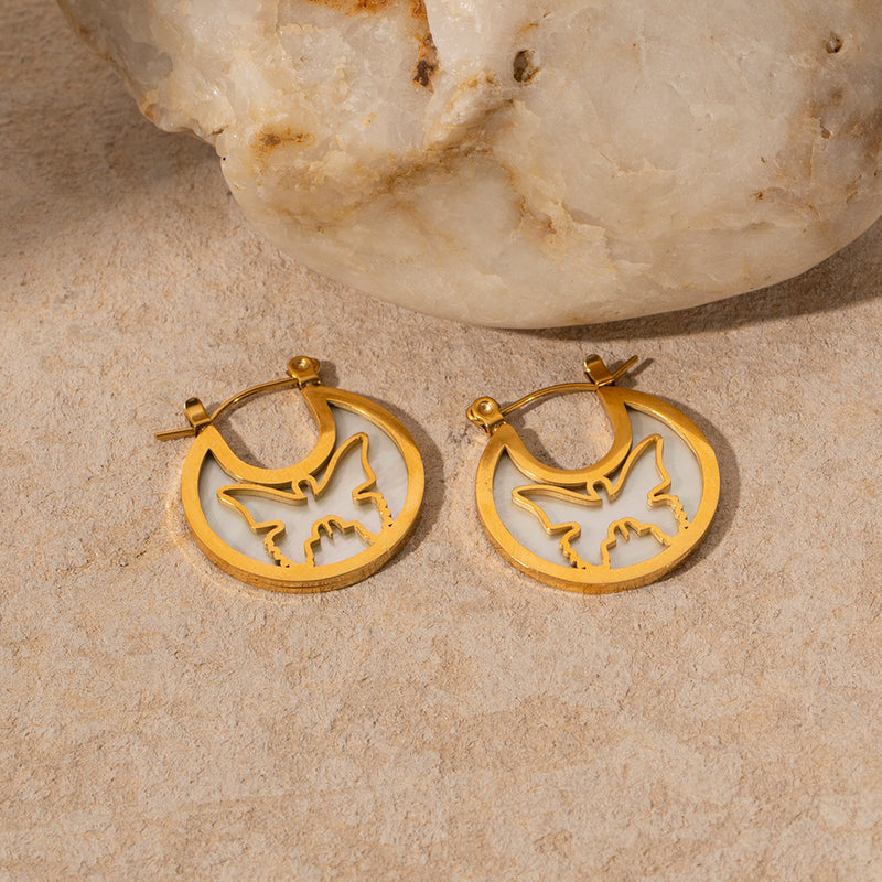 18K Plated White Mother-of-Pearl Hollow Butterfly Round Stud Earrings - Fashionable Jewelry for Women