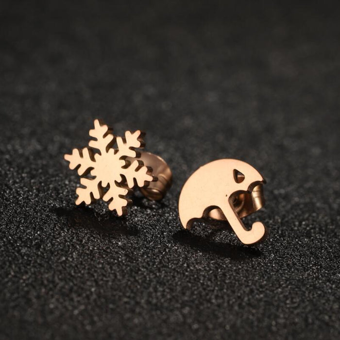 Asymmetric Snowflake and Umbrella Stainless Steel Stud Earrings - Winter-Themed Jewelry