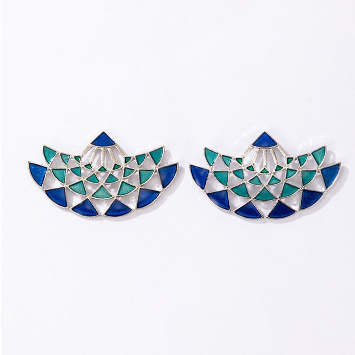 Pendientes retro geométricos con forma de abanico y gotas de aceite en color azul