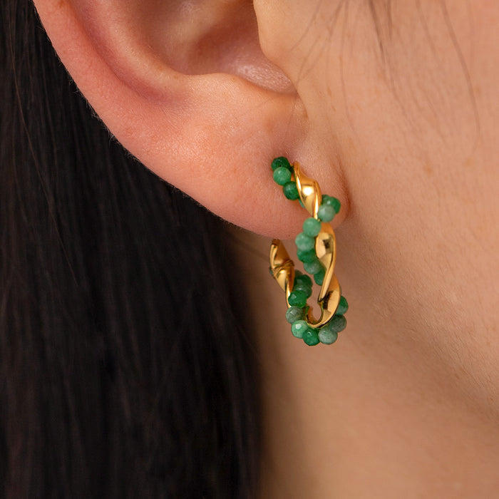 18K Gold Plated Stainless Steel Earrings - Vintage Green Stone Design Jewelry