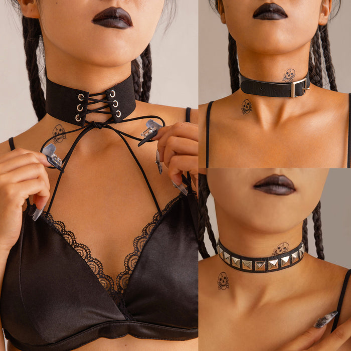 Gothic Punk Velvet Chain Necklace with Metal Choker