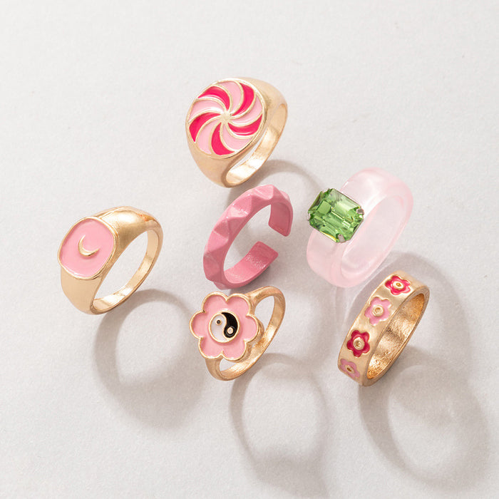 Macaron Acrylic Flower Colorblock 6-Piece Ring Set