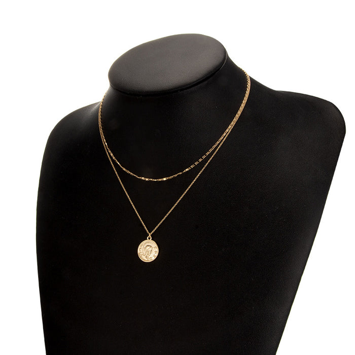 Human Face Multi-Layer Necklace with Metal Round Disc Double Layer Design