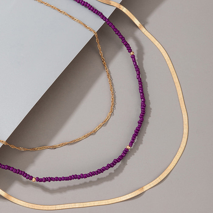 Purple Beaded Triple-Layer Necklace - Geometric Chain Multilayer Choker