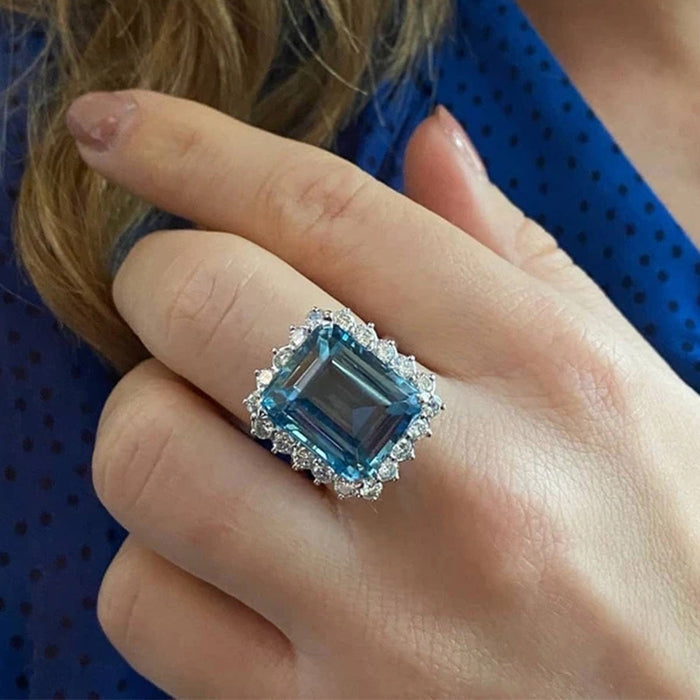 Luxury simulated topaz sapphire ring, full diamond princess square ring