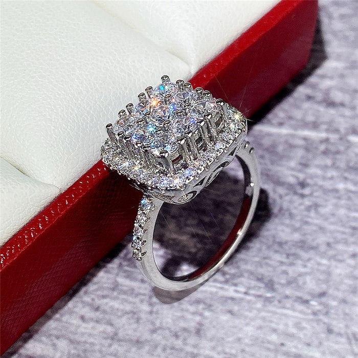 Simple niche design copper plated platinum full diamond square ring female luxury ring