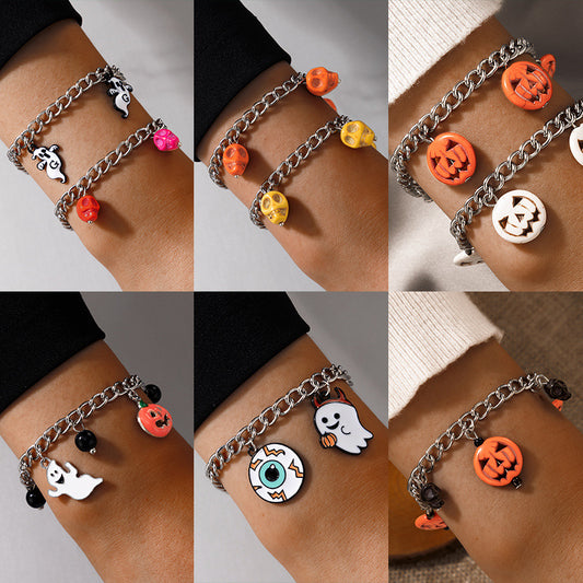 Halloween Pumpkin Enamel Anklet with Cat and Ghost Bead Charm