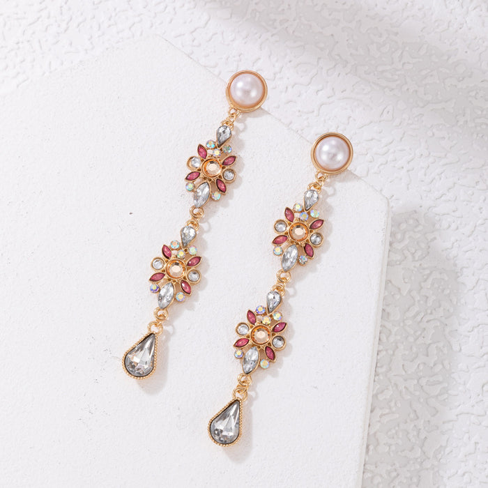 Colorful diamond flower earrings and pearl chain light luxury earrings