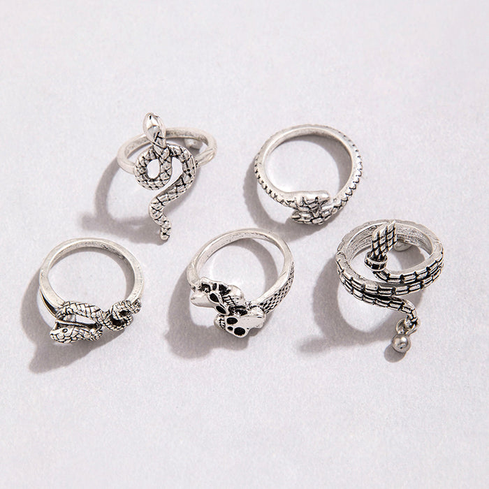 Heavy Metal Dark Series Exaggerated Butterfly Skull Snake Five-Piece Ring Set