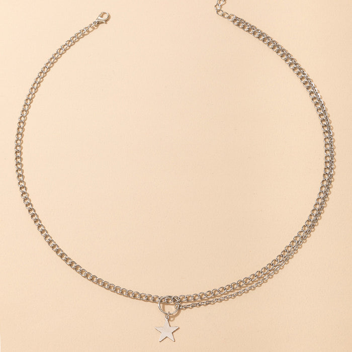 Silver Chain Tassel Round Ring Star Pendant Single Layer Necklace with Ins Trend Design