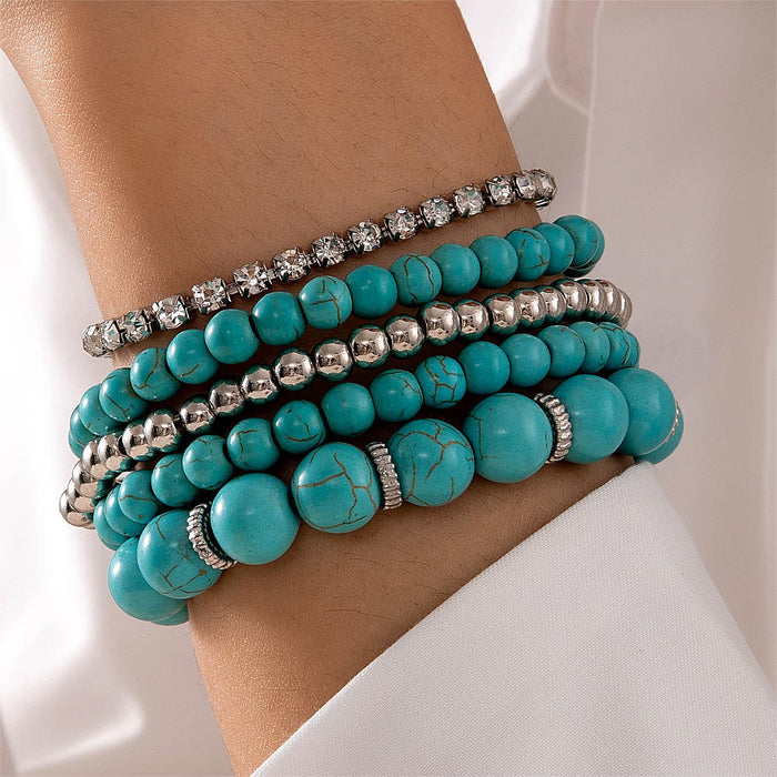 Bohemian Turquoise Beaded Layered Bracelet Set - Luxury Rhinestone Chain Jewelry