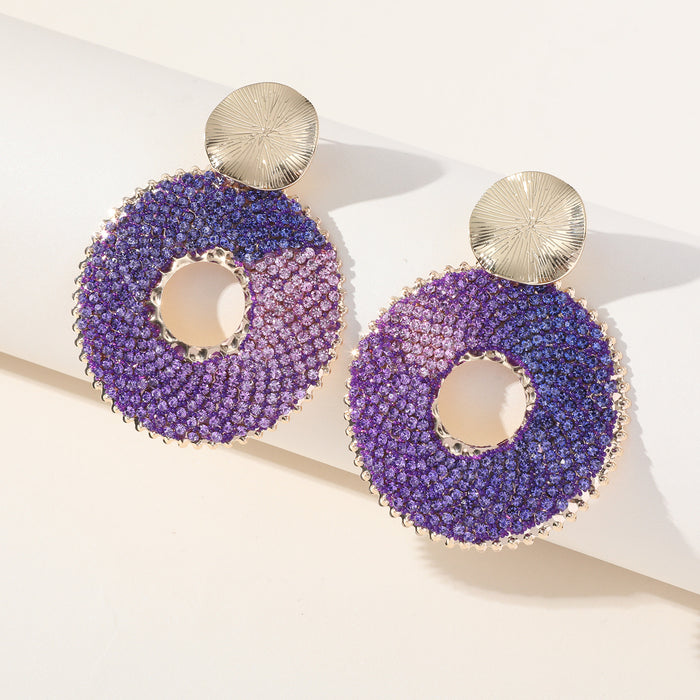 Exaggerated Gradient Rhinestone Earrings - Round Studs with Sparkling Tassels