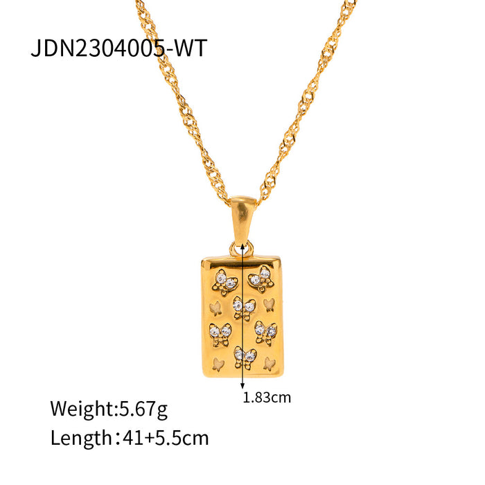 18K Gold-Plated Butterfly Pendant Necklace with White Diamond Inlay - Women's Fashion Jewelry