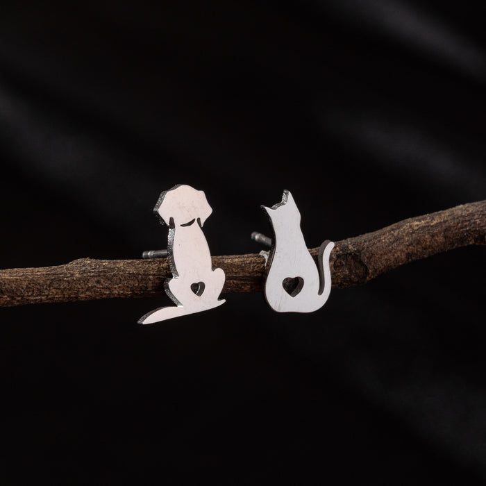 Pendientes asimétricos de acero inoxidable con forma de gato y perro: joyas de animales adorables y divertidas