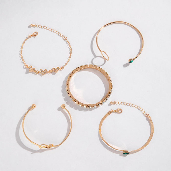 Heart and Geometric Bracelet Set - Five-Piece Diamond-Inlaid Jewelry