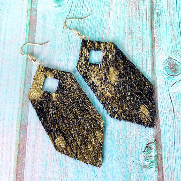 Bohemian Tassel Earrings with Leopard Print and Gold Dots on Cowhide Leather