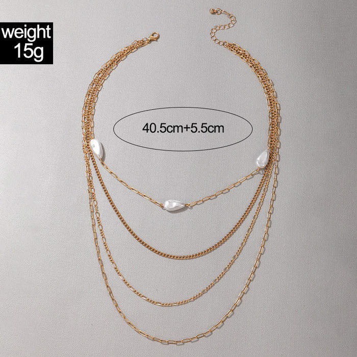 Baroque Style Pearl Chain Four-Layer Necklace with Irregular Geometric Elements