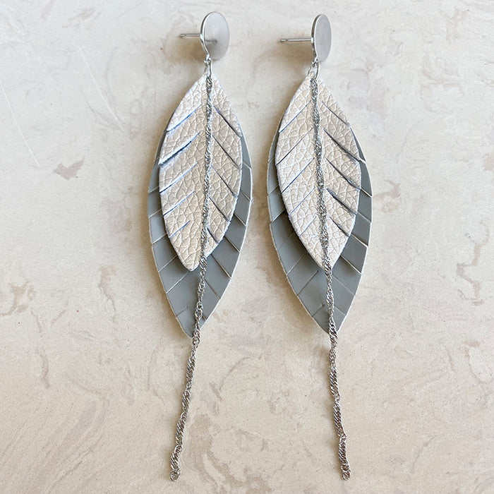 Multi-Layer Leather Earrings with Morandi Colors and Feather Chain Design