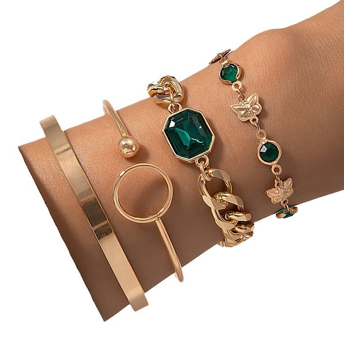 New Faux Emerald Gemstone Bracelet Set - Luxury Four-Piece Jewelry Set