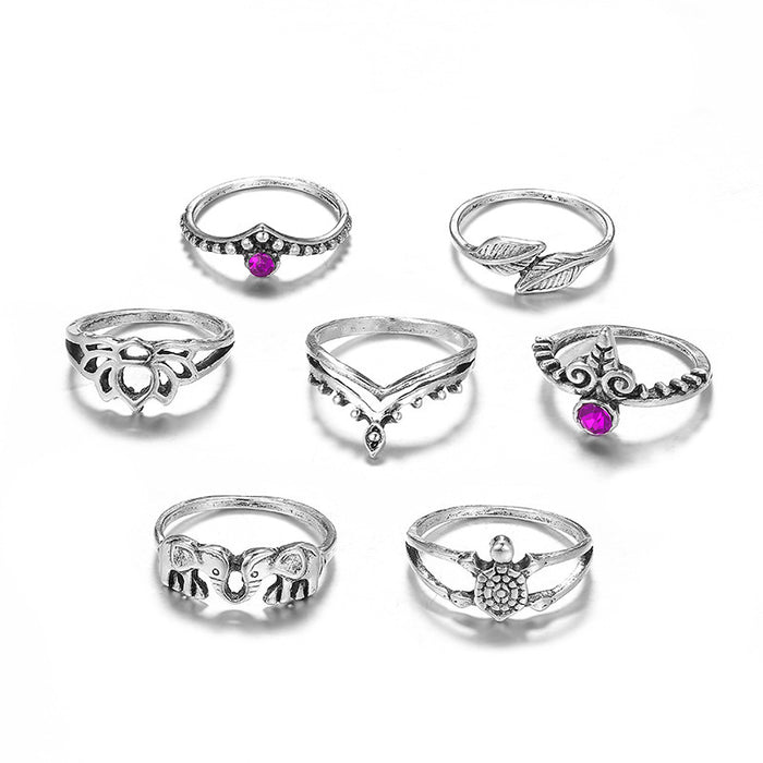 Vintage flower and leaf diamond ring set, alloy hollow irregular seven-piece set