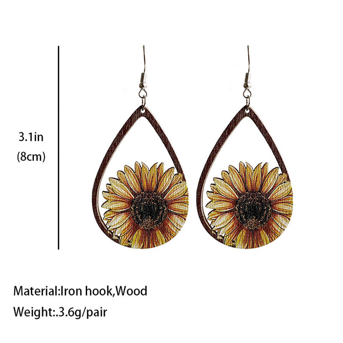 Wooden droplet sunflower earrings