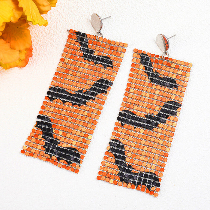 Halloween Printed Aluminum Metal Mesh Earrings with Bat and Alien Designs