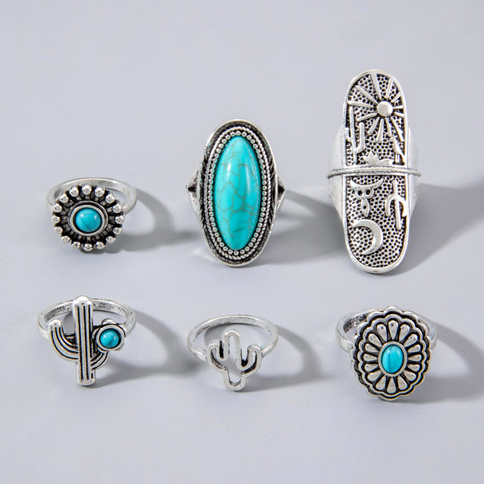 Turquoise Ring Set - 6pcs Vintage Cactus Moon Knuckle Rings