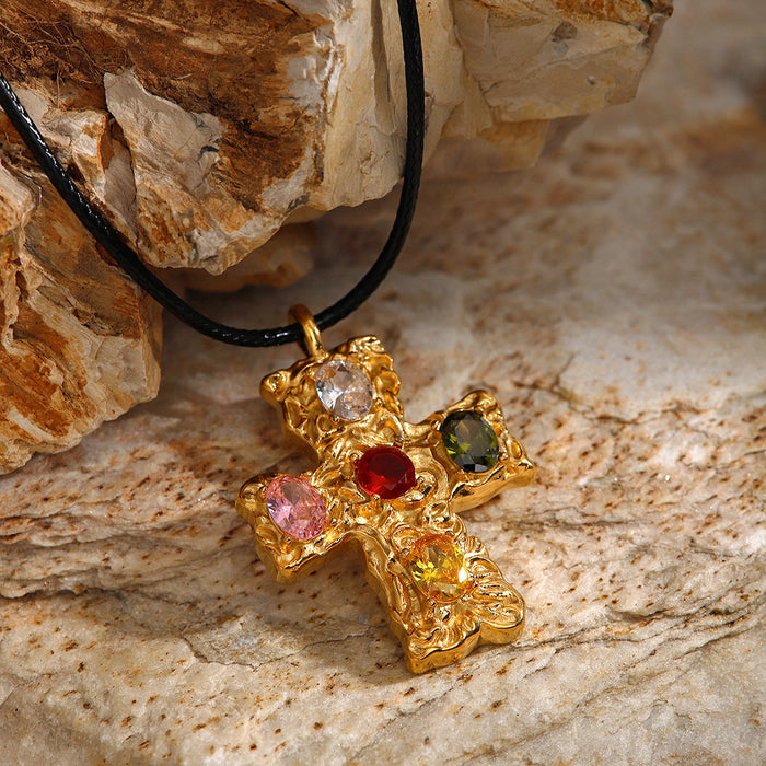18K Gold-Plated Wax Cord Necklace - Hammered Cross with Colorful Zircon Inlay, Popular Design - wallojewerly 