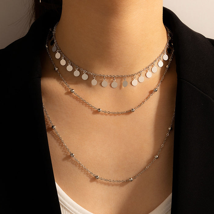 Pearl Flower Multi-Layer Necklace with Geometric Metal Round Disc Design