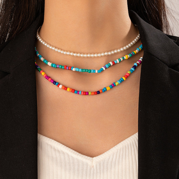 Bohemian Beaded Triple-Layer Necklace - Ethnic Pearl Multilayer Choker