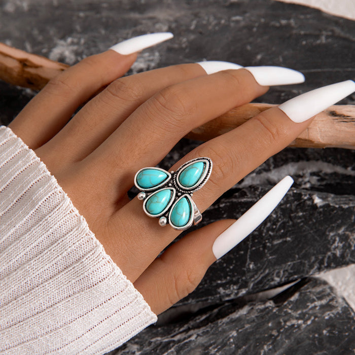 Bohemian Turquoise Feather Single Ring – Trendy Vintage Unique Design Band