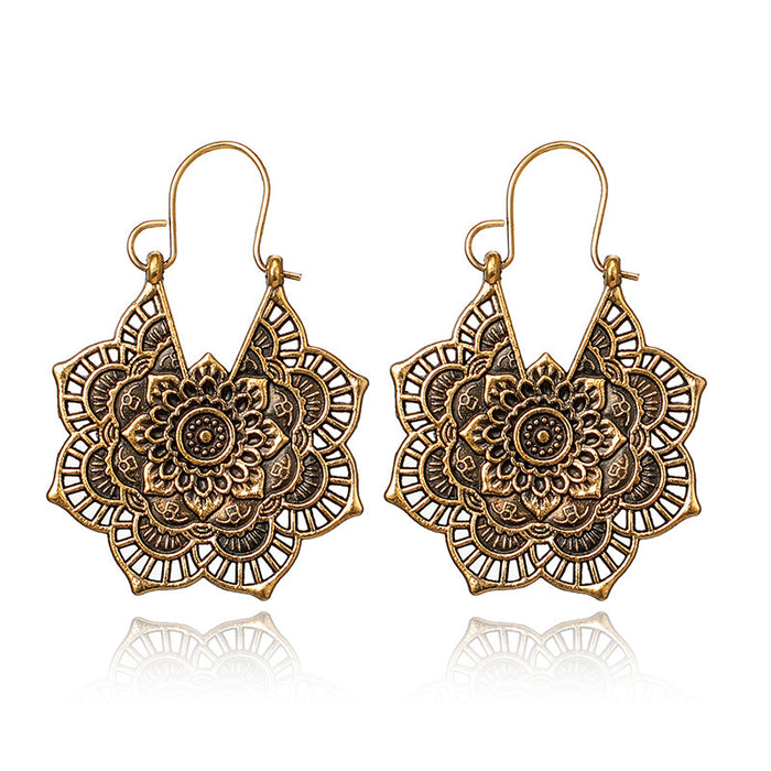 Retro ethnic style hollow flower earrings versatile carved earrings