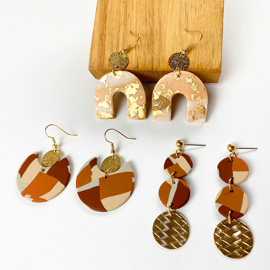 Trendy Geometric Clay Earrings - Gold Foil Design with Retro Charm