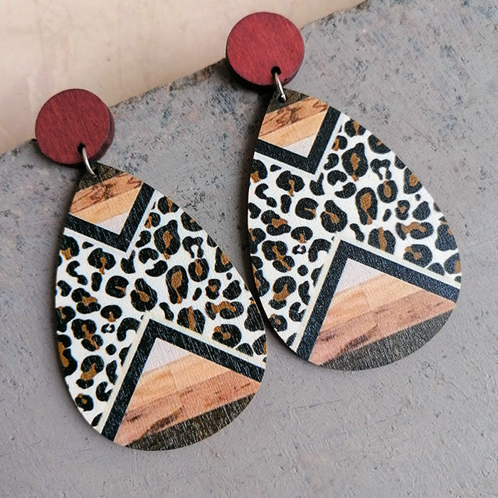 Wooden cross leopard print earrings