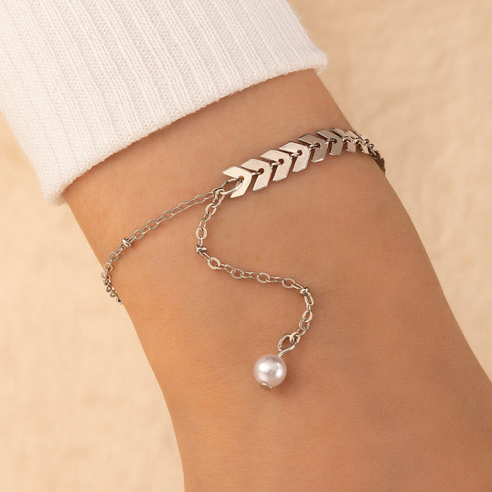 Simple Pearl Tassel Single Layer Bracelet with Geometric Plane Design