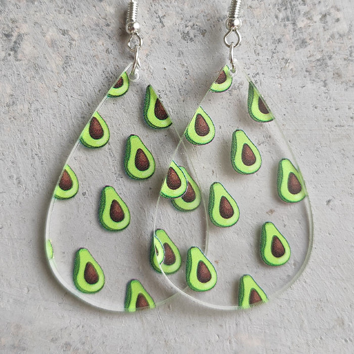 Teardrop Transparent Summer Fruit Earrings with Avocado, Strawberry, Papaya, and Kiwi Designs